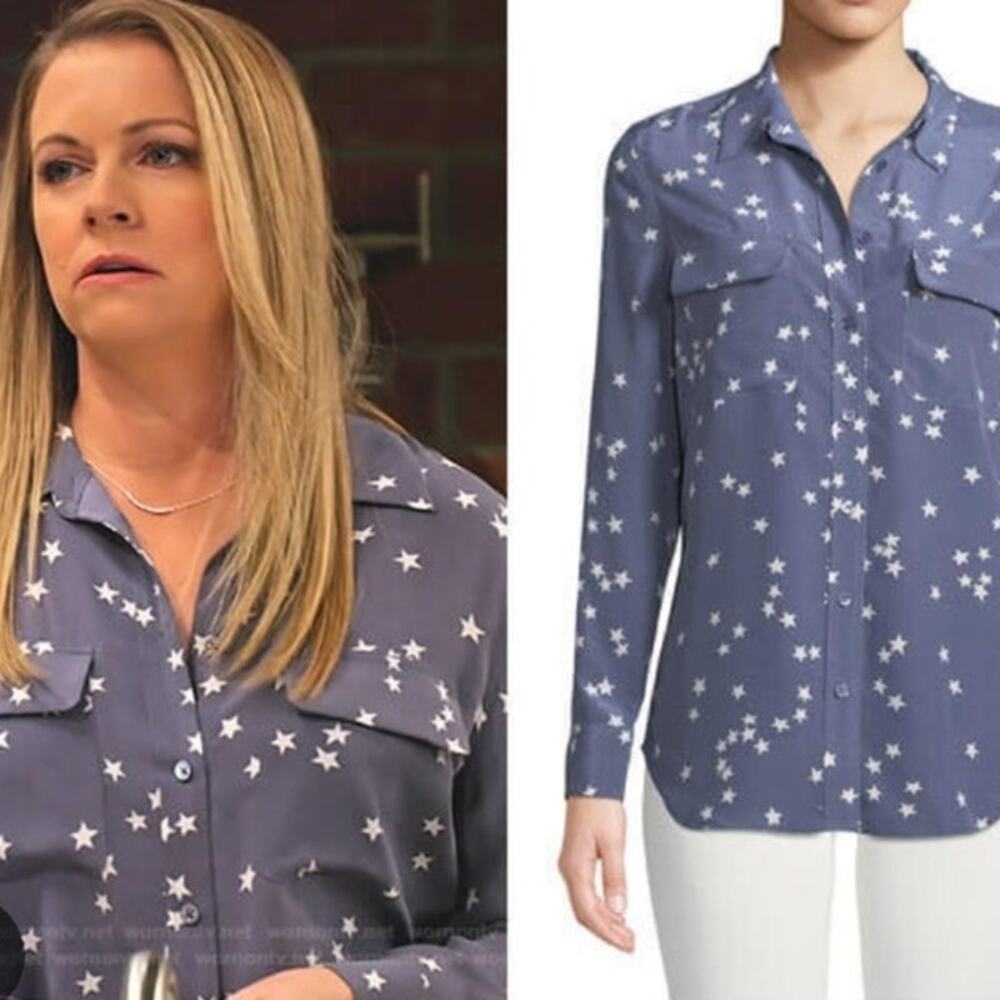 Equipment Slim Signature Silk Shirt L Bluestone Star Print Celestial Quiet Money - Picture 4 of 16